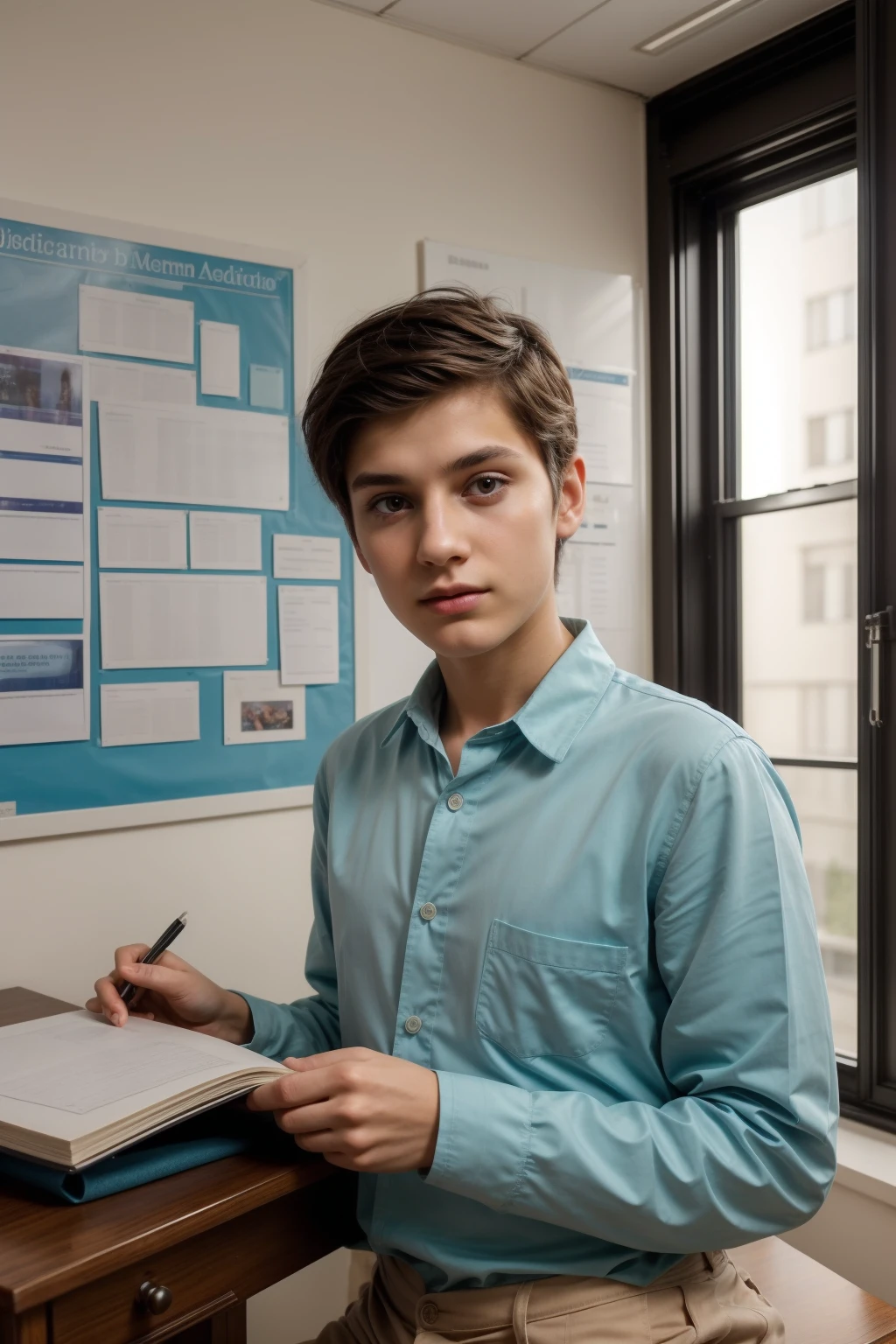 A young male twink, cute, beautiful, soft, with a beautiful face with make-up and blush, and black hair, and his eyes have dark circles under them. He is wearing a long-sleeved aquamarine shirt and white jeans. He is in the Faculty of Medicine, studying on the blackboard with brain anatomy written on it, and on his desk are scientific medical books.  And manuscripts of brain anatomy