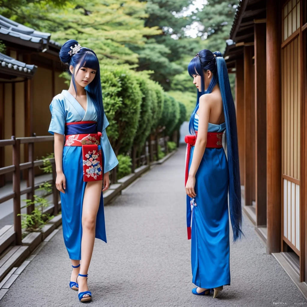 Japanese, 18 years old , beautifull, geisha, shoulders free. LoNg hair, blue hair, full body