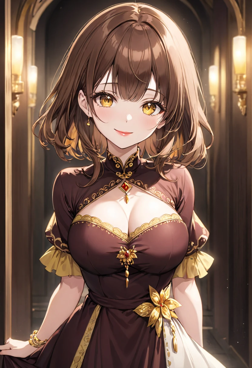 1 girl, alone, brown hair, long, breasts, looking at viewer, smile, bangs, brown hair, dress, jewelry, medium breasts, closed mouth, yellow eyes, red lips, standing,