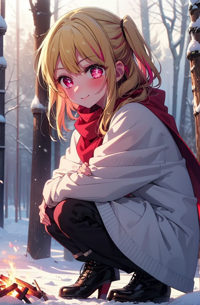 rubyhoshino, Hoshino Ruby, Long Hair, bangs, Blonde, (Pink Eyes:1.3), Side Lock, (Symbol-shaped pupil:1.5), Multicolored Hair, Two-tone hair, smile,,smile,blush,White Breath,
Open your mouth,snow,Ground bonfire, Outdoor, boots, snowing, From the side, wood, suitcase, Cape, Blurred, , forest, White handbag, nature,  Squat, Mouth closed, Cape, winter, Written boundary depth, Black shoes, red Cape break looking at viewer, Upper Body, whole body, break Outdoor, forest, nature, break (masterpiece:1.2), Highest quality, High resolution, unity 8k wallpaper, (shape:0.8), (Beautiful and beautiful eyes:1.6), Highly detailed face, Perfect lighting, Highly detailed CG, (Perfect hands, Perfect Anatomy),