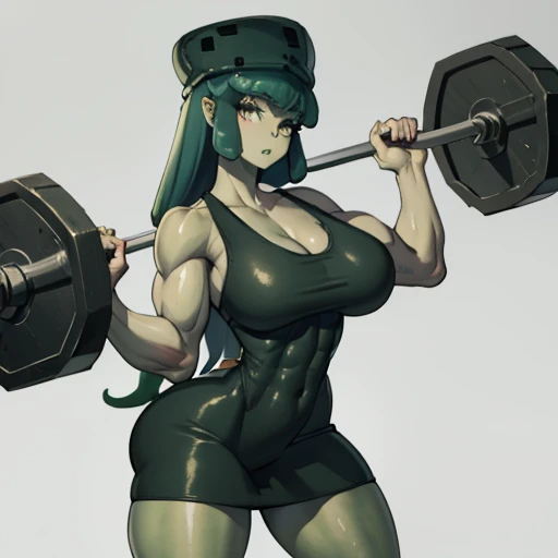 masterpiece, best quality, simple background slim3, green skin, slime girl, green hat, green dress, wariza, looking at viewer, confused, large breasts, muscular figure, massive muscles, lifting barbell,