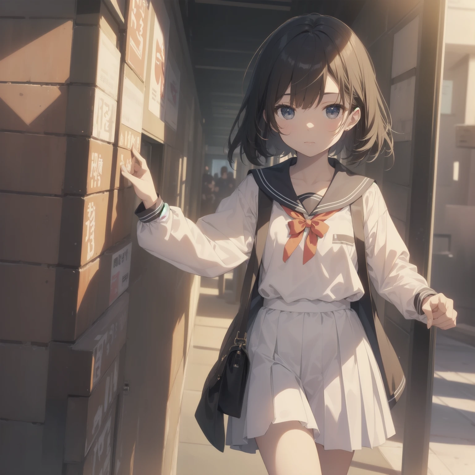 ultra-absurdres-Top quality by artist God, ultra-detailed, high resolution, anime moe artstyle, best anime 8k konachan wallpaper, pixiv contest winner, pool:2810, perfect anatomy,break, 1girl, (Please draw a girl walking sleepily to school alone. )break,(Solo,little female, 13-year-old:1.3),Full limbs, complete fingers,a junior high school student, (very short hair), short cut, flat chest, , small butt, small black eyes, beautiful detailed eyes, well-proportioned iris and pupils, expressive eyes, highres detailed hair, soft expression, salor school_uniform, sailor collar, serahuku, bow, pleated skirt,(Detailed Lighting), (Detailed background), in the School commute route. break,super detailed skin, Best cinematic lighting powered by famous artist, 8k,beauty illustration,photoshop_(medium),very aesthetic,break,((artist:wa_(genryusui) )), artist:clamp ,artist:carnelian ,artist:kantoku ,