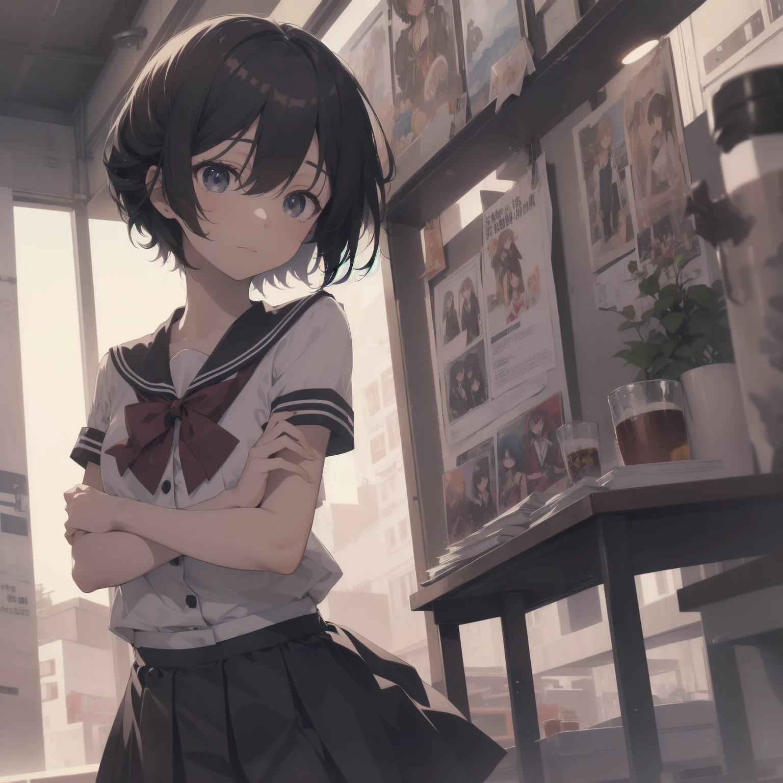 ultra-absurdres-Top quality by artist God, ultra-detailed, high resolution, anime moe artstyle, best anime 8k konachan wallpaper, pixiv contest winner, pool:2810, perfect anatomy,break, 1girl, (Please draw a girl walking sleepily to school alone. )break,(Solo,little female, :1.3),Full limbs, complete fingers,a junior high school student, (very short hair), short cut, flat chest, , small butt, smallck eyes, beautiful detailed eyes, well-proportioned iris and pupils, expressive eyes, highres detailed hair, soft expression, salor school_uniform, sailor collar, serahuku, bow, pleated skirt,(Detailed Lighting), (Detailed background), in the School commute route. break,super detailed skin, Best cinematic lighting powered by famous artist, 8k,beauty illustration,photoshop_(medium),very aesthetic,break,((artist:wa_(genryusui) )), artist:clamp ,artist:carnelian ,artist:kantoku ,