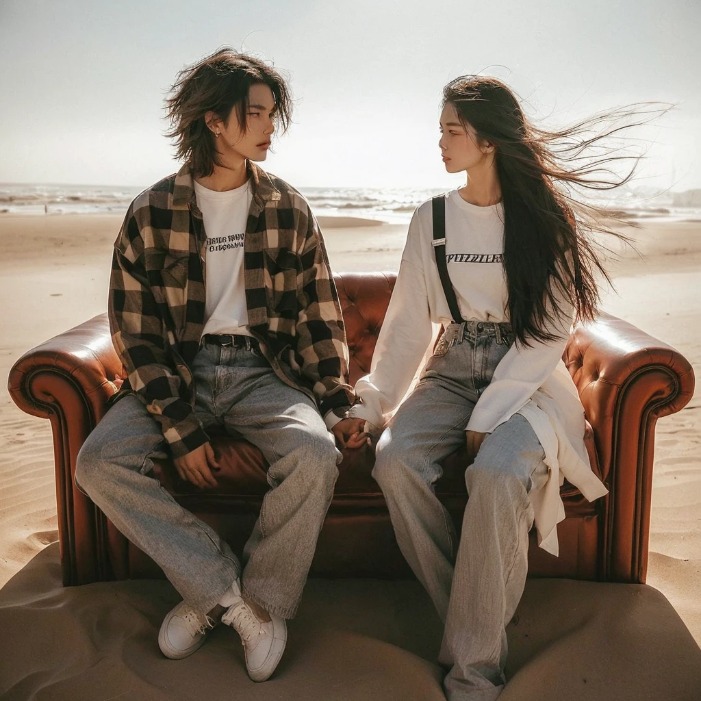 Photo Nostalgia couple of Korean lover, a Korean man with short two block hair, wearing flannel shirts and loose black t-shirts with puzzle text, long-haired Korean woman unraveled  to the wind wearing white canal clothes, standing on the sand, standing apart and holding hands, facing each other, strong wind gusts, background only wide desert, long sofa chair, dim light, high quality photos, accurate details, high resolution.