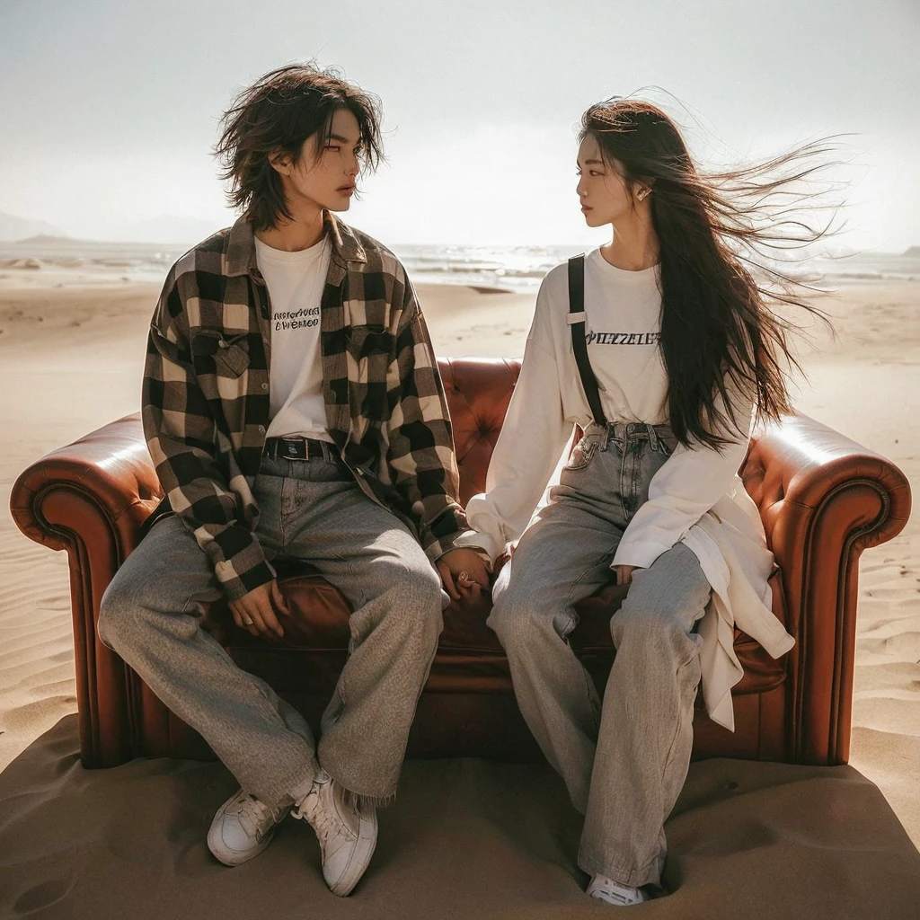 Photo Nostalgia couple of Korean lover, a Korean man with short two block hair, wearing flannel shirts and loose black t-shirts with puzzle text, long-haired Korean woman unraveled exposed to the wind wearing white canal clothes, standing on the sand, standing apart and holding hands, facing each other, strong wind gusts, background only wide desert, long sofa chair, dim light, high quality photos, accurate details, high resolution.