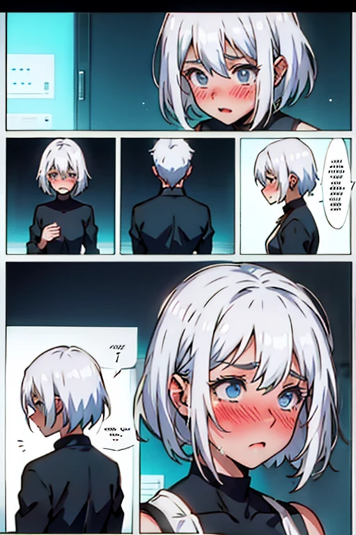 Girl with short white hair small and really skinny,  blushing while crying  , manga page with panels and dialogue  
