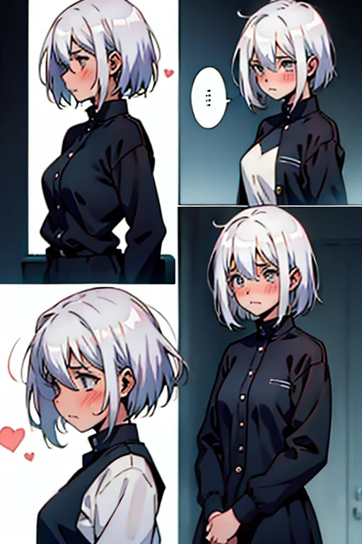 Girl with short white hair small and really skinny, blushing while crying , manga page with panels and dialogue