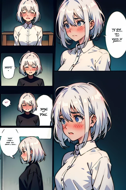 Girl with short white hair small and really skinny, blushing while crying , manga page with panels and dialogue