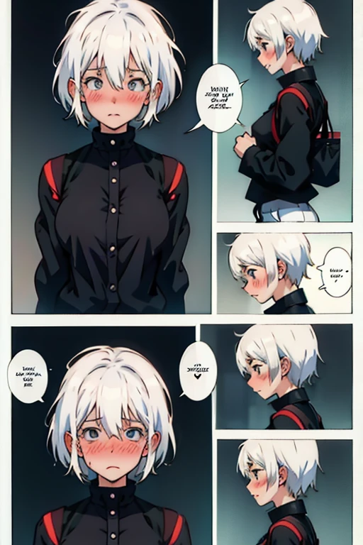 Girl with short white hair small and really skinny,  blushing while crying  , manga page with panels and dialogue  