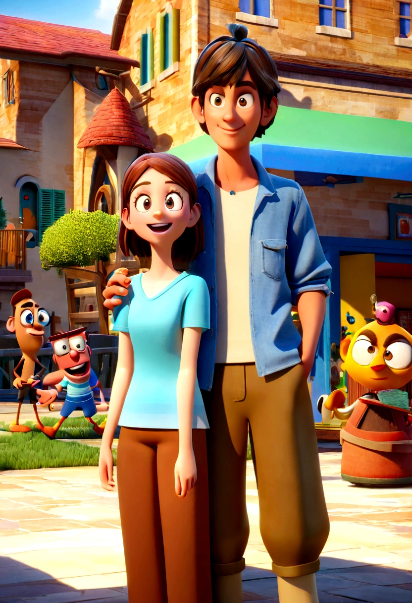 Cartoon of friends having fun on vacation together, 3D Animation Movie Poster, Poster de filme animado, pixar 3 d animation style, pixar renderman rendering, maia 8 mil, animated film, Disney Pixar Estilo 3D, amigos felizes saem juntos, all wearing light blue shirts and cream brown long pants, camisa azul clara, cream brown pants, ao ar livre, vacation, Disney Pixar Animation Poster