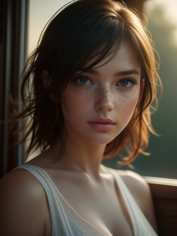 a woman with natural imperfections, flawless skin, freckles, natural makeup, messy hair, natural lighting, soft colors, detailed facial features, ethereal, serene expression, outdoor setting, warm tones, (best quality,4k,8k,highres,masterpiece:1.2),ultra-detailed,(realistic,photorealistic,photo-realistic:1.37),HDR,UHD,studio lighting,ultra-fine painting,sharp focus,physically-based rendering,extreme detail description,professional,vivid colors,bokeh,portrait