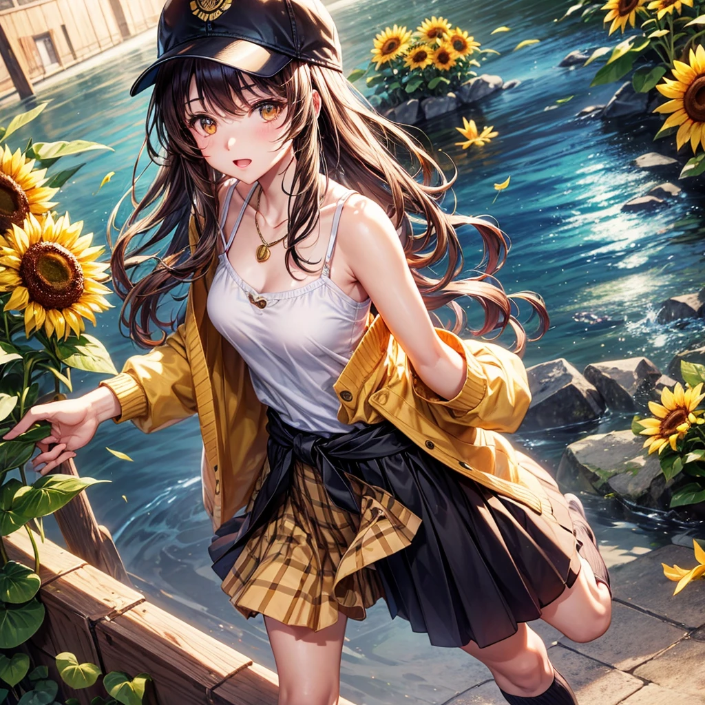 Red, brown, gold, gold hair、Golden Eyes、Hair tied up、One good looking girl、solo、anime、Checkered mini skirt、Ruffles on the skirt、camisole、camisole、Lightweight cardigan、Black knee-high socks、Wearing a baseball cap、Ribbon、Ribbon on waist、Teeth are visible、Sunset sky、Cumulonimbus、Silver coin necklace、shine、From above、Sparks are flying、tunnel、Cobblestones、Hands in pockets、waterfall、Clear Stream、Sunflower field、Have sunflowers