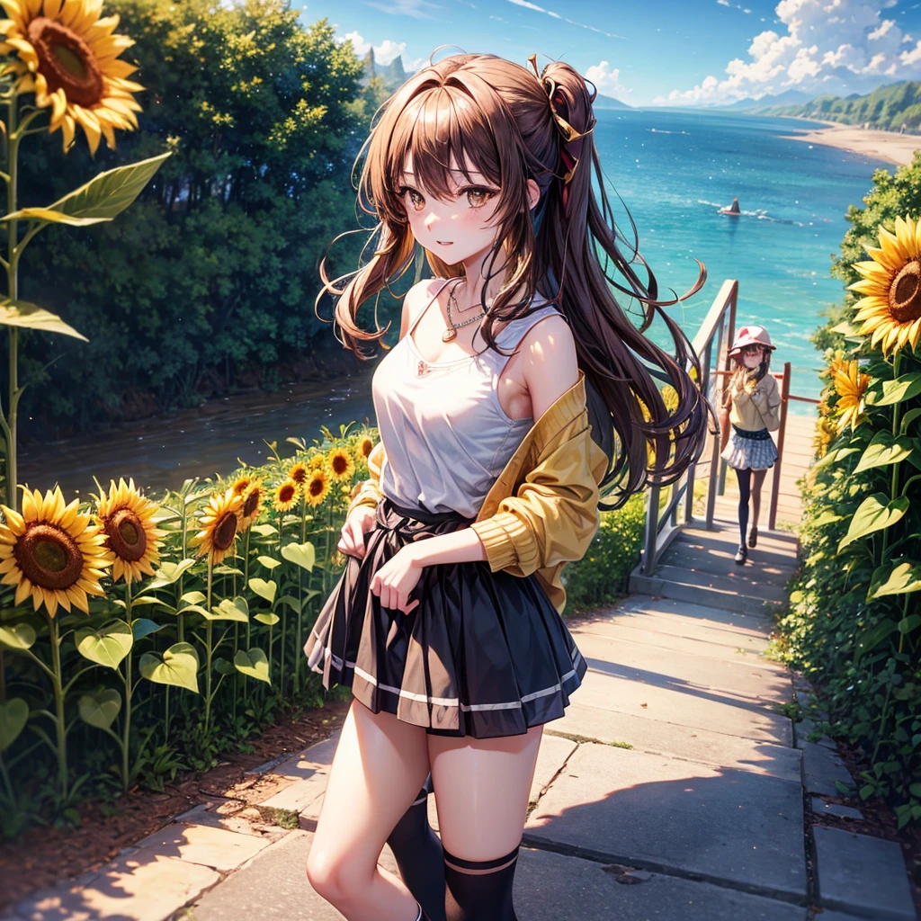 Red, brown, gold, gold hair、Golden Eyes、Hair tied up、One good looking girl、solo、anime、Checkered mini skirt、Ruffles on the skirt、camisole、camisole、Lightweight cardigan、Black knee-high socks、Wearing a baseball cap、Ribbon、Ribbon on waist、Teeth are visible、Sunset sky、Cumulonimbus、Silver coin necklace、shine、From above、Sparks are flying、tunnel、Cobblestones、Hands in pockets、waterfall、Clear Stream、Sunflower field、Have sunflowers