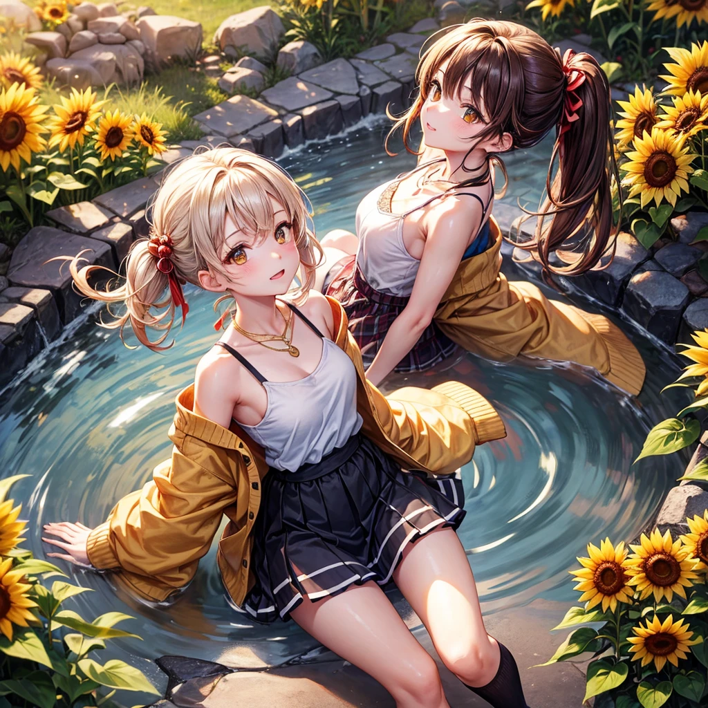 Red, brown, gold, gold hair、Golden Eyes、Hair tied up、One good looking girl、solo、anime、Checkered mini skirt、Ruffles on the skirt、camisole、camisole、Lightweight cardigan、Black knee-high socks、Wearing a baseball cap、Ribbon、Ribbon on waist、Teeth are visible、Sunset sky、Cumulonimbus、Silver coin necklace、shine、From above、Sparks are flying、tunnel、Cobblestones、Hands in pockets、waterfall、Clear Stream、Sunflower field、Have sunflowers