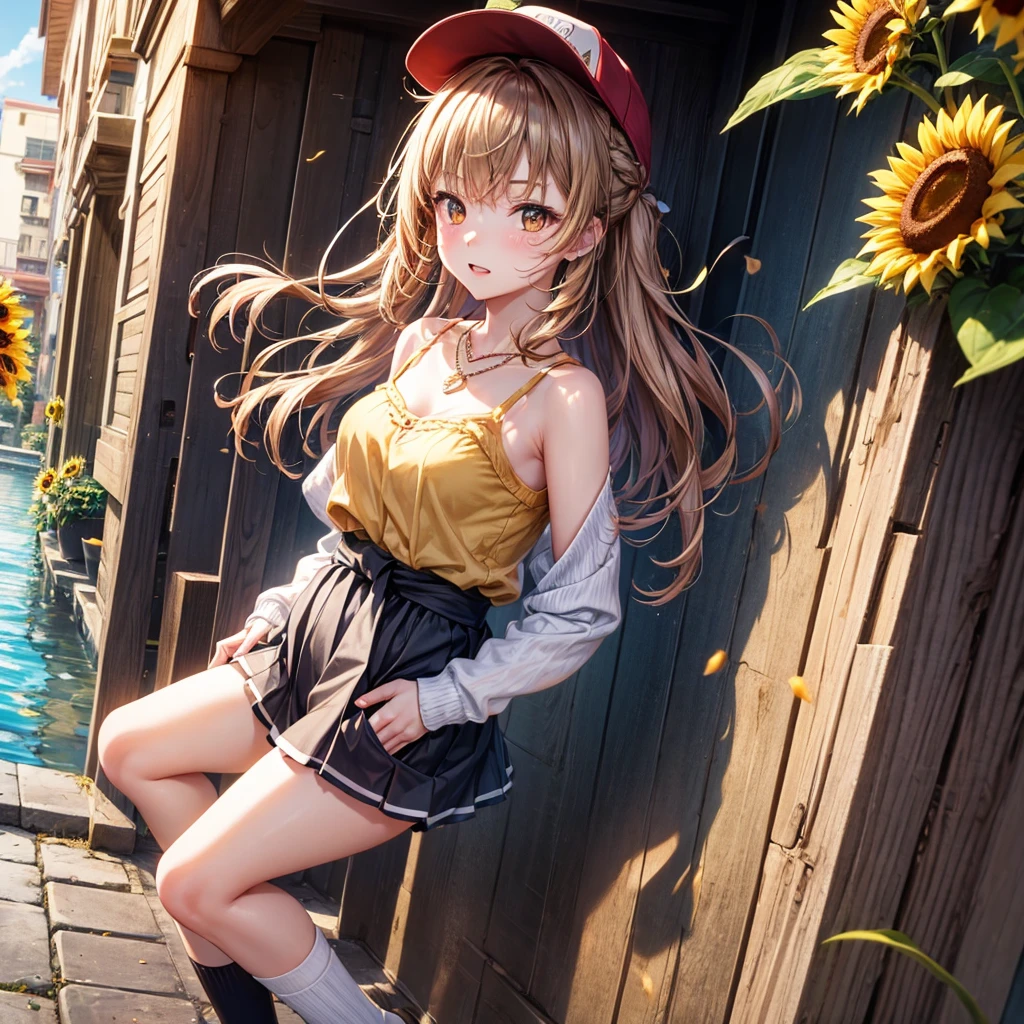 Red, brown, gold, gold hair、Golden Eyes、Hair tied up、One good looking girl、solo、anime、Checkered mini skirt、Ruffles on the skirt、camisole、camisole、Lightweight cardigan、Black knee-high socks、Wearing a baseball cap、Ribbon、Ribbon on waist、Teeth are visible、Sunset sky、Cumulonimbus、Silver coin necklace、shine、From above、Sparks are flying、tunnel、Cobblestones、Hands in pockets、waterfall、Clear Stream、Sunflower field、Have sunflowers