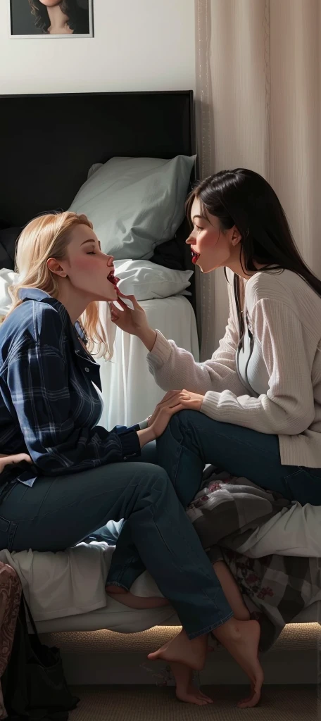 two woman sitting on bed, making out tongue kissing