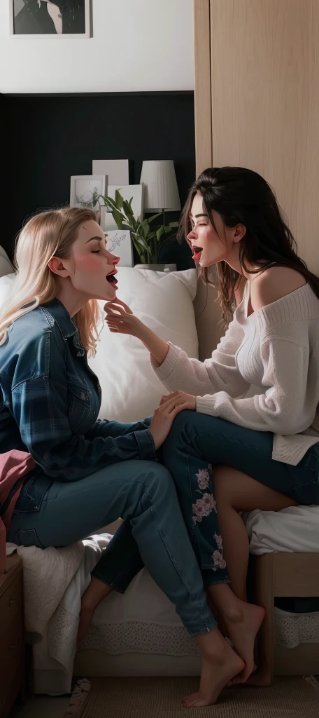 two woman sitting on bed, making out tongue kissing