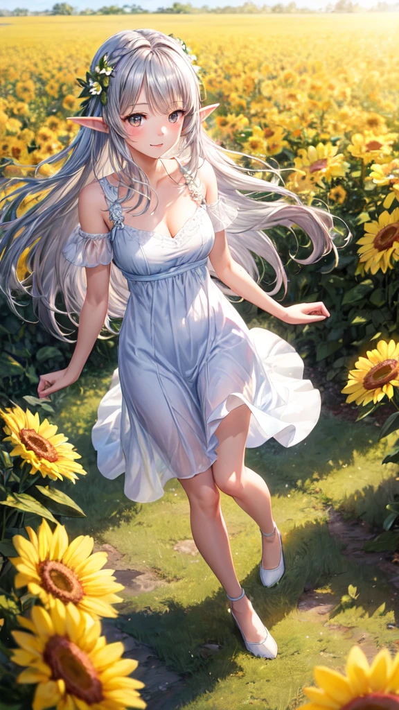 1 girl, dress, flower field, sunlight,cute, lovely, beautiful, dynamic angle, 1 elf girl, solo, 1woman, long hair, silver hair, brown eyes, full body,