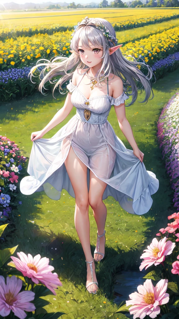 1 girl, dress, flower field, sunlight,cute, lovely, beautiful, dynamic angle, 1 elf girl, solo, 1woman, long hair, silver hair, brown eyes, full body,
