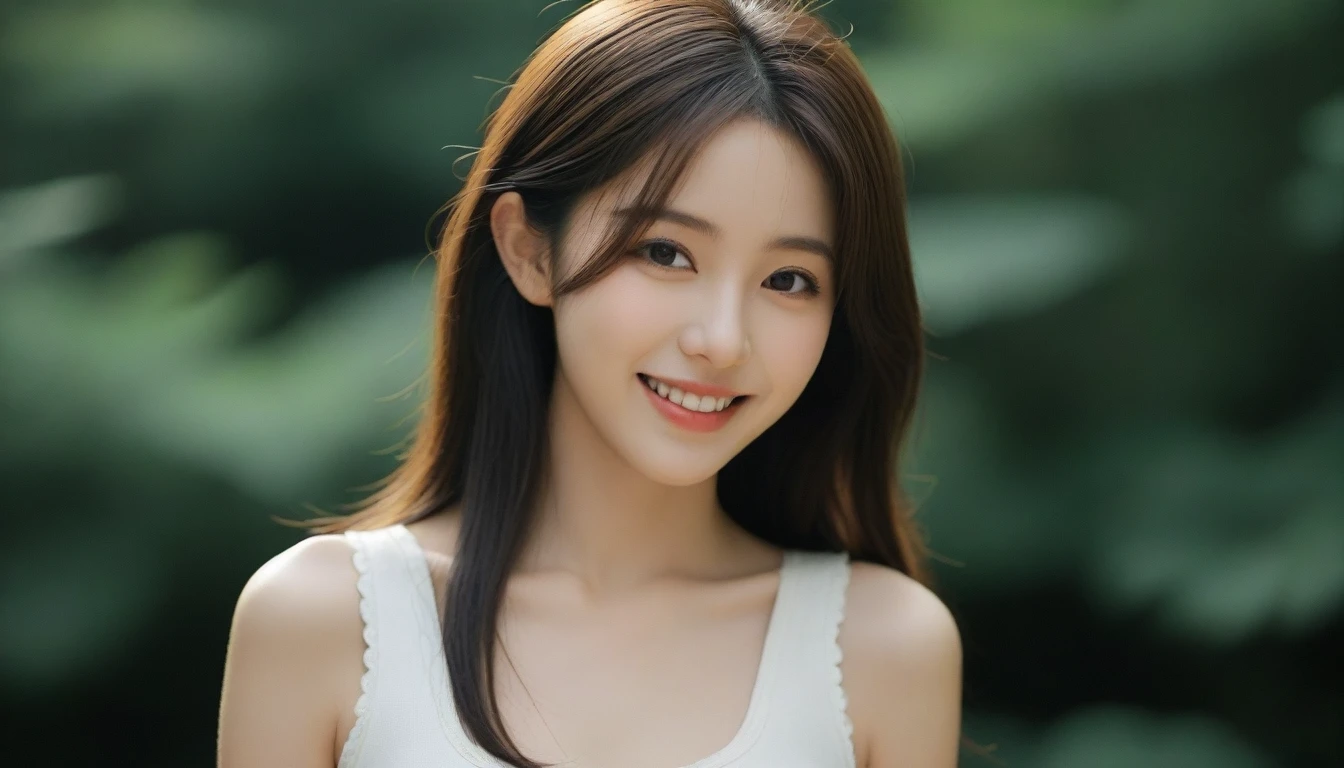 8K, Ultra-high resolution, Highest quality, masterpiece, 三分割法によるphotograph,Surreal, photograph, 1 girl, (:1.3), pretty girl, Cute face, Beautiful eyes in every detail, 細かくdetailedに,masterpiece,, One Girl:1.2, Japan Female Announcer,whole body,Young Wife,Girl with her back to the camera, evening, forest、Full of cleanliness,A carefree smile,Healing the heart,Semi-long layered hair,Looking at the audience、beauty,Long neck、Laugh a little、Please close your mouth and laugh、(((Ideal body type))),A-cup small breasts :2,、Portraiture:2、Perfect Anatomy、鮮明なdetailed、detailed、Surreal、Light and shadow,Strong light