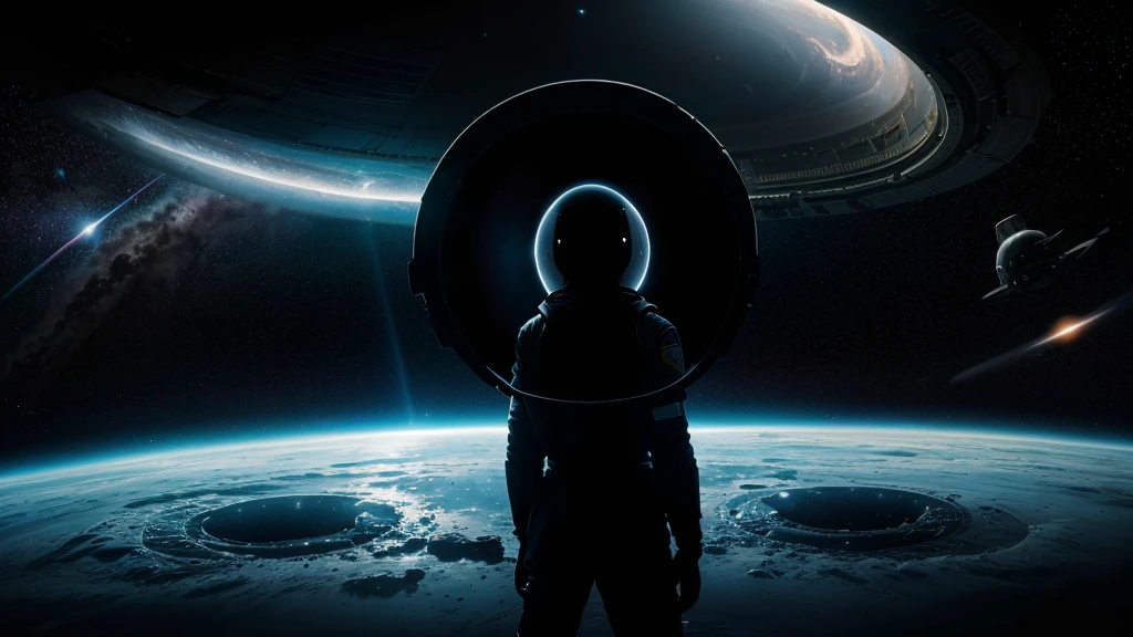 an astronaut in a spacesuit standing in front of a black hole, astronaut lost in liminal space, portal to outer space, portal in space, is being drawn into a blackhole, looking out into space, traveling into a blackhole, astronaut in space, interstellar hyper realism, an astronaut in space, interstellar infinity portal, interstellar space setting, black hole in space