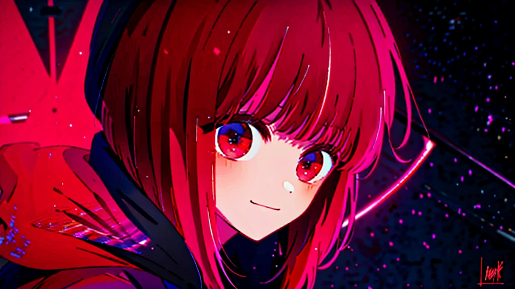 masterpiece, Highest quality, 8K,Detailed Background, masterpiece, Highest quality, smile, ornament, hoodie, Portraiture, Neon Red, graffiti, dark, night, Shining Eyes, Black light