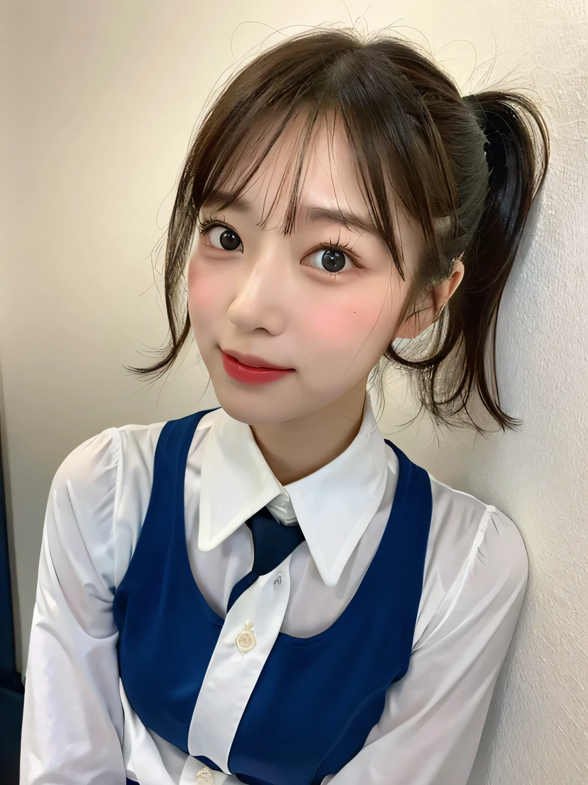 One person、14 years old、Full body photo、ponytail、slender、woman、White drool coming out of the mouth、smile、Very short hairstyle、 Fair skin, messy hair, super cute、Soft and Face、8K resolution、Surreal、Ultra high definition、 A-cup small breasts（（Highest resolution、8K、masterpiece：1.3））、Ultra-fine face、Ultra Fine Lips、Beautiful Eyes、double eyelid,Light blue wall、Red tie、white shirt with open front、Red mini skirt、Thighs、thin,Thighsが見える、Shapely small breasts、