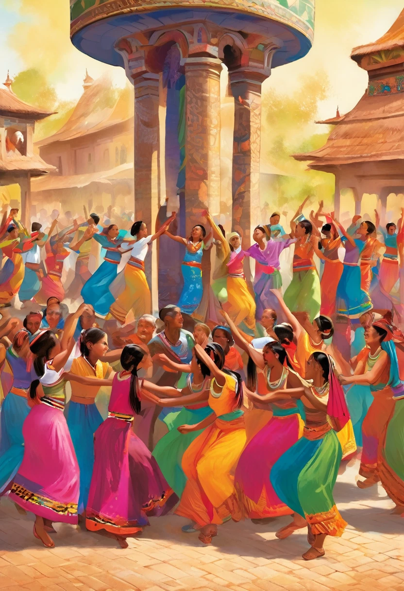 Ethnic minorities dancing together around the pillar,many people