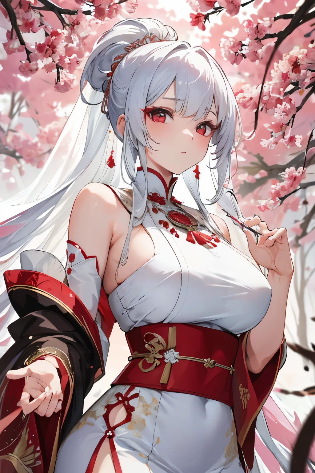 masterpiece, best quality, meticulously detailed, maximalist, by artgerm, 8k anime artwork, ultra-high resolution, trending on ArtStation, stunning beautiful artwork set in a cherry grove under a late spring sunset with a rain of leaves. A 20-year-old, beautiful chubby girl is gracefully posed, adorned in a striking white and red long, closed qipao. Her voluminous silver hair cascades down in long, white ponytail hair, with delicate strands framing her captivating face. The light and transparent veil filling with charm and seduction adds an extra layer of allure to her appearance. Her eye