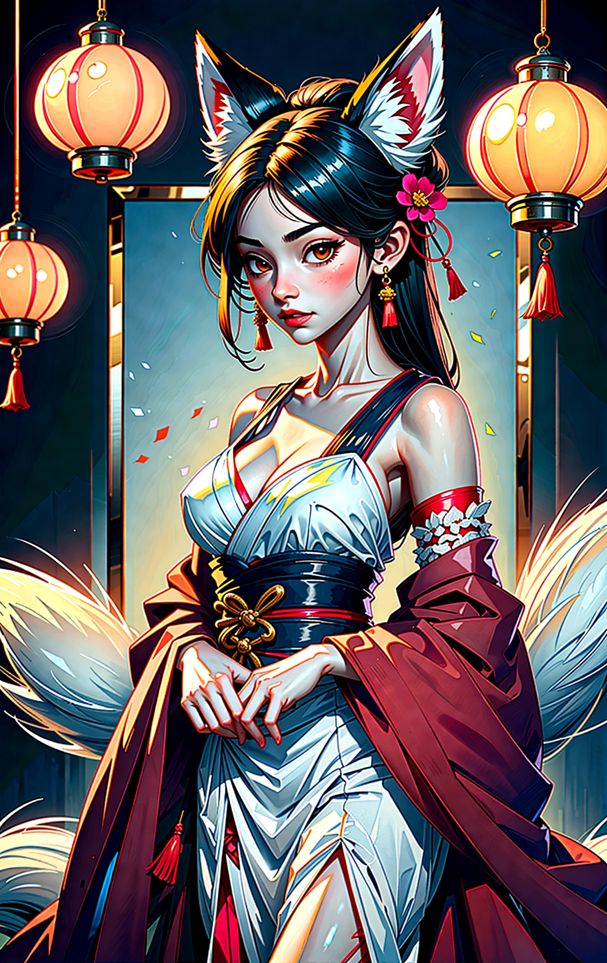 Masterpiece, best quality, full body shot (head and feet in the frame)(highly precise drawing down to the smallest detail)(extremely precise representation)(anatomically correct)1girl, fit, small breasts,a breathtakingly beautiful japanese yokai kitsune (fox goddess) relaxing and showing friendly her fangs with a white foxmask in her hand(very athletic human body, fox ears, more than 3 foxtails)) dressed in peach-magenta-white hanfu clothing worthy of a goddess with a beautiful headdress, fit, small breasts, paper lanterns and peonies, very detailed images, extremely detailed, complicated details, high resolution, super complex details, mfbp1,huli,fox ear,vampy fang