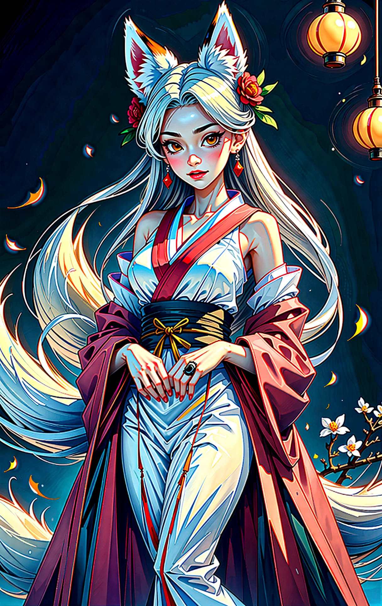 Masterpiece, best quality, full body shot (head and feet in the frame)(highly precise drawing down to the smallest detail)(extremely precise representation)(anatomically correct)1girl, fit, small breasts,a breathtakingly beautiful japanese yokai kitsune (fox goddess) relaxing and showing friendly her fangs with a white foxmask in her hand(very athletic human body, fox ears, more than 3 foxtails)) dressed in peach-magenta-white hanfu clothing worthy of a goddess with a beautiful headdress, fit, small breasts, paper lanterns and peonies, very detailed images, extremely detailed, complicated details, high resolution, super complex details, mfbp1,huli,fox ear,vampy fang