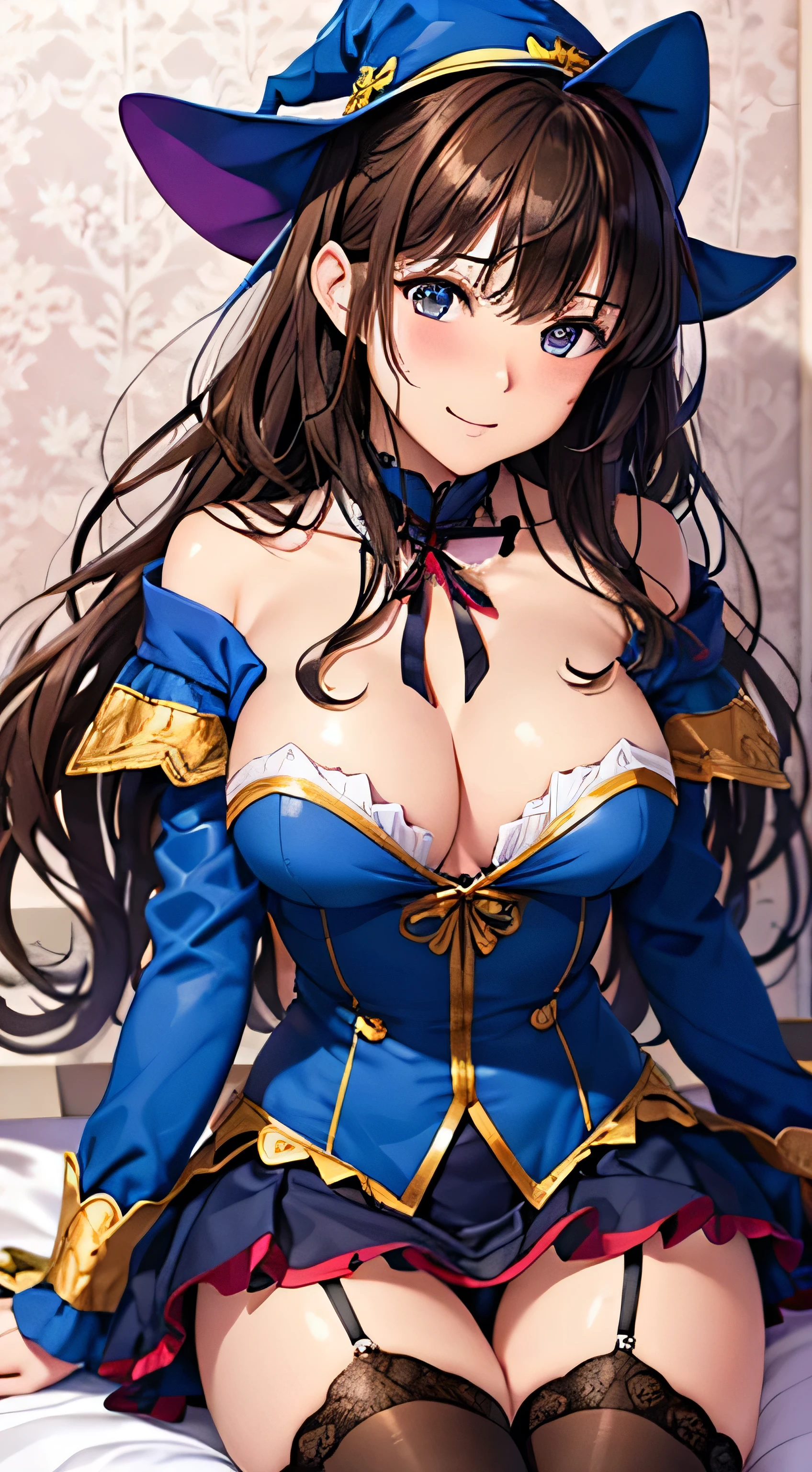 ((Tabletop, Highest quality, High resolution, , Pixel Perfect, 4K, ))), Beautiful woman,, alone, beauty、The whole body is visible、 (((Sexy Witch Cosplay), Long dark blonde wavy hair、Off-the-shoulder jacket,　Dark blue flared skirt、Black knee-high stockings、、、Mid-wave hair, bangs, Brown Hair)), ((Brown eyes, Beautiful eyelashes, Realistic eyes)), ((Detailed face, Blushing:1.2)), ((Smooth texture:0.75, Realistic texture:0.65, Realistic:1.1, Anime CG Style)), Center of chest, Dynamic Angle, Perfect body, ((,)), 、、Very embarrassing panic smile, 、Princess Bedroom in Castle、On the bed、Lying in bed、look up、( are visible, 、、、、、Pink lace 、)、Angle from below