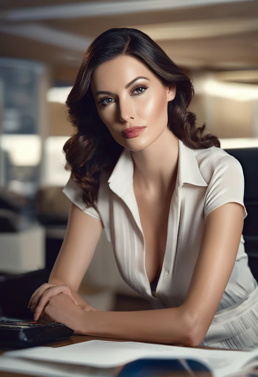 cinematic photography in analogue style, movie по-прежнему великолепен (((oh woman))) in the series "The Office", (draw up:0.6), office background, ((highly detailed skin, leather details)), sharp focus, volumetric light, HD, high quality, movie grain, Sony F900 . 35mm photography, movie, hips, professional, 4K, very detailed