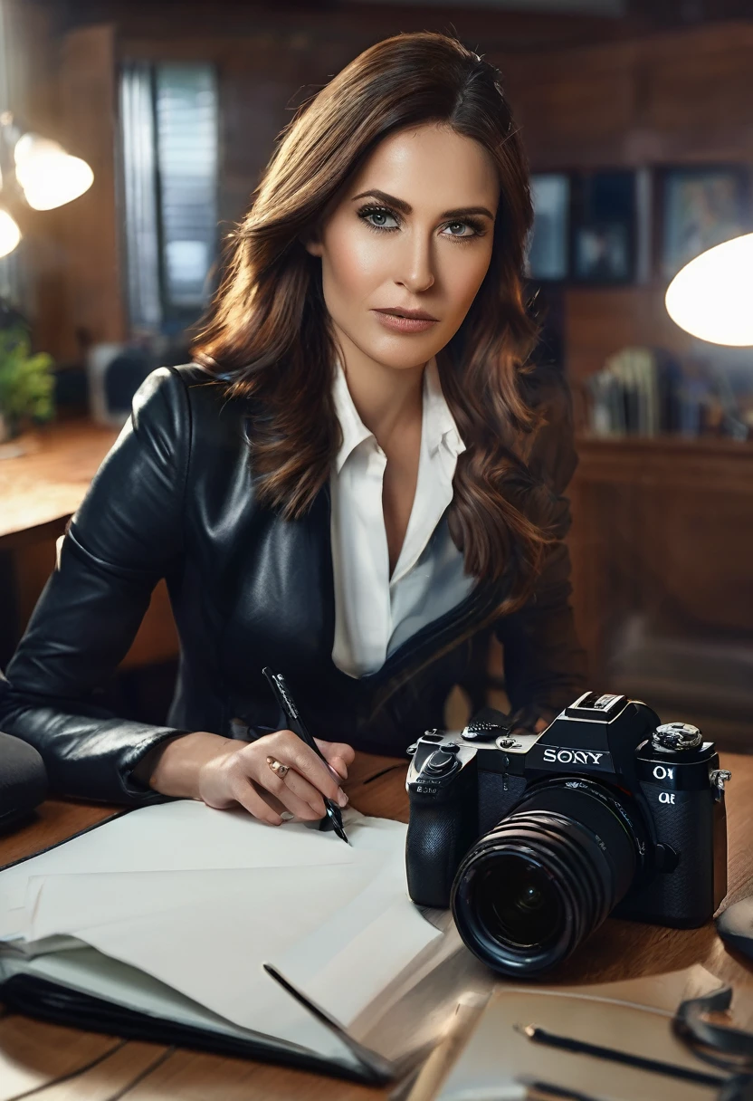 cinematic photography in analogue style, movie по-прежнему великолепен  (((oh woman))) in the series &quot;The Office&quot;, (draw up:0.6), office background, ((highly detailed skin, leather details)), sharp focus, volumetric light, HD, high quality, movie grain, Sony F900  . 35mm photography, movie, hips, professional, 4K, very detailed