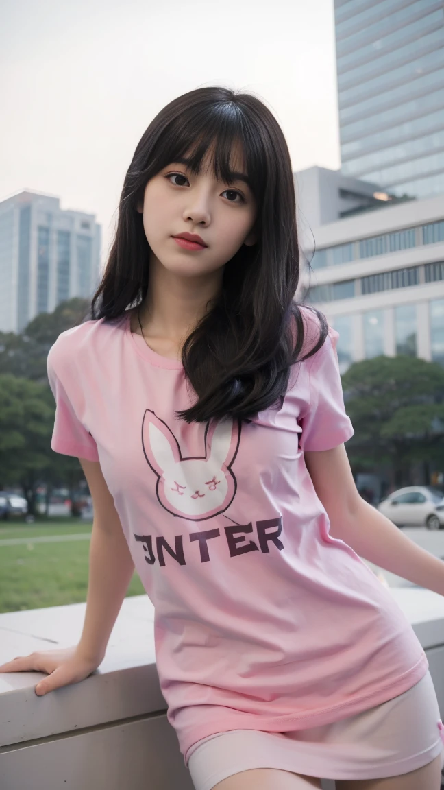 best quality, two hands, two legs, natural lighting, masterpiece, 1 girl, perfect beautiful face, (photo photo:1.3), edge lighting, photography lighting, (high detail skin:1.2), 8k ultra hd, DSLR, high quality, high resolution, white skin, detailed textured skin, 3/4 body in frame, poker face,perfect propotion face, symetric face, eye level shot, 4k, 8k, bokeh, absurd, (realistic:1.3), beautiful detailed girl, cute 1girl, long hair, bangs, volume hairs, collosal-breast, full looking breast, projecting breast, slim waist, slender, small thighs, perfectly proportion, hotel background, city background, crowded, buildings, trees, clouds, grass, ruanyi0153,d.va \(overwatch\),bunny print,english text,pink shirt,pleated skirt