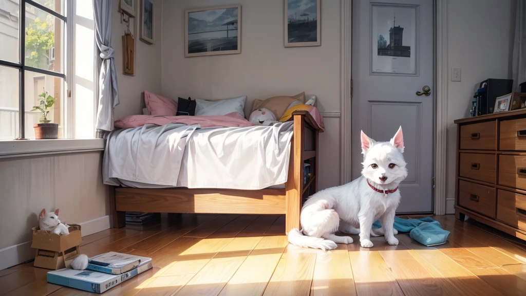 small white dog from front wagging tail sitting on the floor, next to bed, inside a room