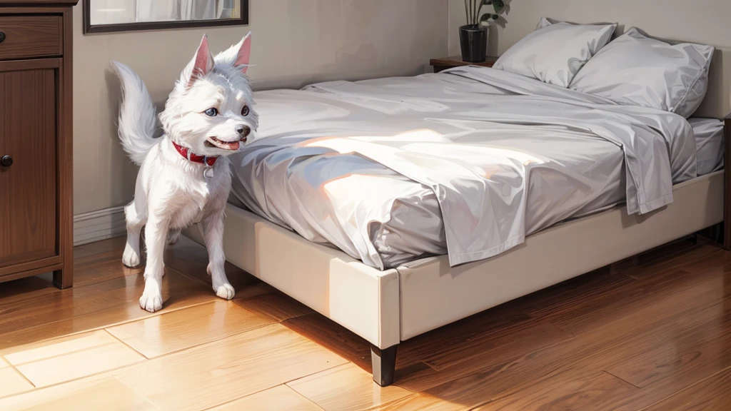 small white dog from front wagging tail sitting on the floor, next to bed, inside a room