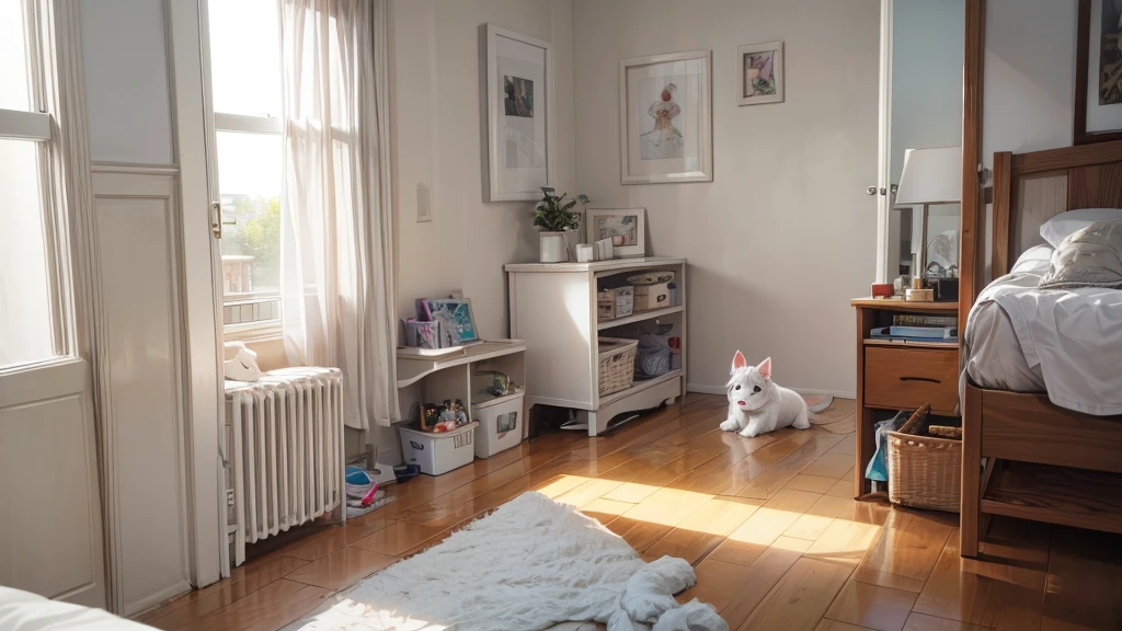 small white dog from front wagging tail sitting on the floor, next to bed, inside a room