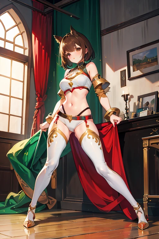 Under the legend，Chara，girl， for，Crop tops，hot pant，stocklings，Full body standing painting，tempting pose，with short brown hair，Be red in the face，Mannequin，Lust，Hand repair，the detail，X-rated， clothes，green color，k hd, ,
