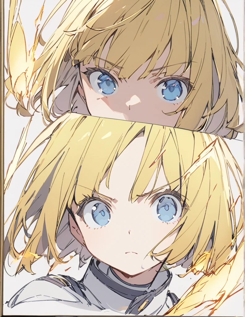 A girl fighting with golden flames(Sketches), (Open Close), (Small body), (Blonde:1.5) (Short Bob Hair:1.4), (Blue eyes)輝く 戦う