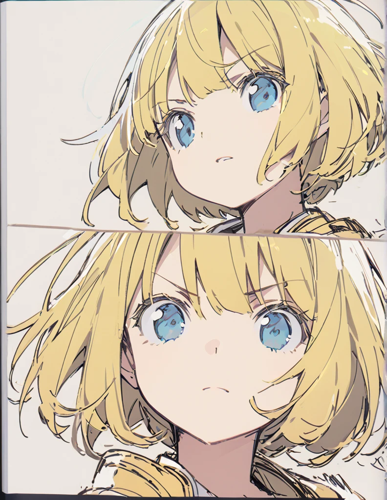 A girl fighting with golden flames(Sketches), (Open Close), (Small body), (Blonde:1.5） (Short Bob Hair:1.4), (Blue eyes)輝く　戦う
