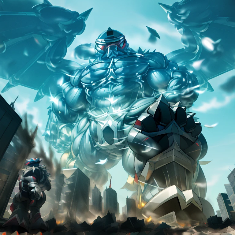 (masterpiece. official art. 8k. best quality. detailed full body. full body.)
(situation 1 : dominating LUCARIO. focus GIANT mechanical Muscular LUCARIO is trampling the CITY. macro. stomp. Low-angle perspective. emphasizing the immense size. The perspective is from below, emphasizing the sheer majesty and power of the Giant. giant art. He is much bigger than a skyscraper. Giga Giants. micro soccer field. looking down.)

(situation 2 :smoke and flames rising from the destruction in the city)

(Additional details 1: wearing a full-face helmet. helmet is jet black. The color of NANOSUIT is jet black. high-tech bio-mecha armor. real texture material. whole body shines like metal. Wearing cyberpunk mecha. emphasizes the muscles. suit fully made of metal. intricate armor. Robotic suit. suit fully made of metal. NANOSUIT with the same design as LUCARIO.). (Lucario has 5 toes.)

(Additional details 2: (Detailed head. Detailed Body. Detailed abs. gigantic muscles. HYPER MUSCLES. Gigachad Muscular. big muscle. pecs. triceps. traps. unusually developed muscular body. body full of huge muscles. showing off muscles. pectorales enormes. Exaggeratedly huge muscles. huge muscles. long legs.).

(Additional details 3: nj5furry, Spread wings. It has wings. black have big wings. The claws are sharp. Sharp teeth.5 toes.). 