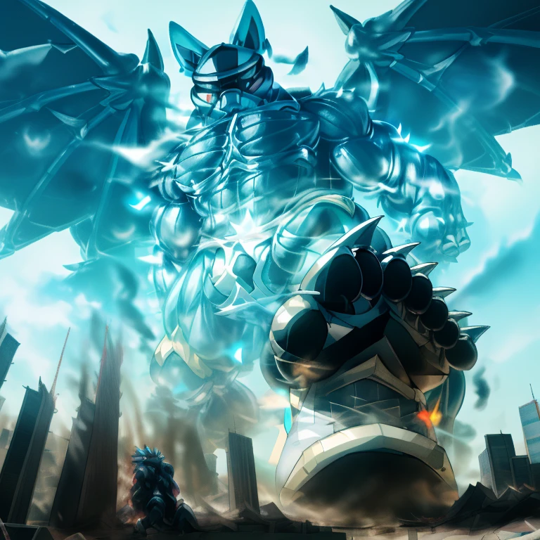 (masterpiece. official art. 8k. best quality. detailed full body. full body.)
(situation 1 : dominating LUCARIO. focus GIANT mechanical Muscular LUCARIO is trampling the CITY. macro. stomp. Low-angle perspective. emphasizing the immense size. The perspective is from below, emphasizing the sheer majesty and power of the Giant. giant art. He is much bigger than a skyscraper. Giga Giants. micro soccer field. looking down.)
(situation 2 :smoke and flames rising from the destruction in the city)
(Additional details 1: wearing a full-face helmet. helmet is jet black. The color of NANOSUIT is jet black. high-tech bio-mecha armor. real texture material. whole body shines like metal. Wearing cyberpunk mecha. emphasizes the muscles. suit fully made of metal. intricate armor. Robotic suit. suit fully made of metal. NANOSUIT with the same design as LUCARIO.). (Lucario has 5 toes.)
(Additional details 2: (Detailed head. Detailed Body. Detailed abs. gigantic muscles. HYPER MUSCLES. Gigachad Muscular. big muscle. pecs. triceps. traps. unusually developed muscular body. body full of huge muscles. showing off muscles. pectorales enormes. Exaggeratedly huge muscles. huge muscles. long legs.).
(Additional details 3: nj5furry, Spread wings. It has wings. black have big wings. The claws are sharp. Sharp teeth.5 toes.).