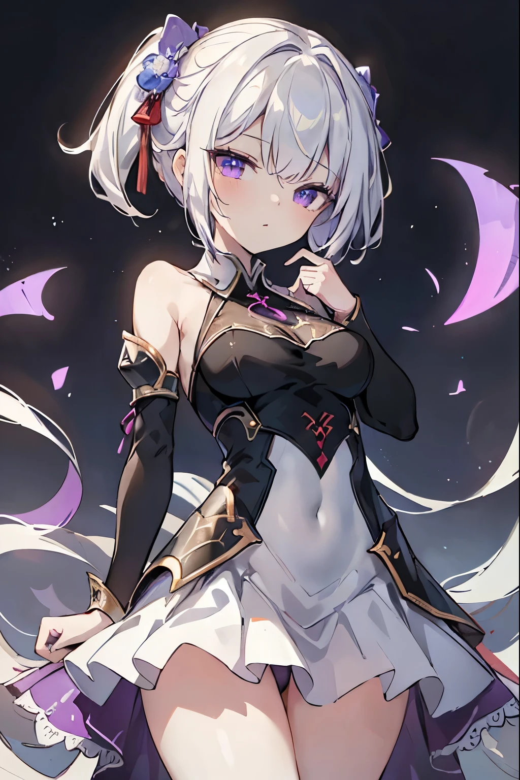 1girl, アニメ, cute girl, blank background, white background, fantasy, detailed fantasy dress with highlights, beautiful face, beautiful eyes, dark colors, black hair with multicolor streaks, red eye with different color pupil in eye, multicolor eye, medium breasts, slight cleavage, beautiful skin, cute, breast curtains, extremely delicate and beautiful, (beautiful detailed face:1.0), (detailed deep eyes), symmetrical breasts, deep eyes, shiny skin, portrait, slender waist, hips wider than shoulders, thighs, expressionless, young girl, luminous eyes, adorable,(Kpop idol),(aegyo sal:1),(Platinum blonde hair:1),((puffy eye)),Black panty,sexy posture,Superskirt, Ultra-high resolution,Black collar,slim figure, Abdominal y tattoo, womb tattoo,Tight-fitting leg ring,y tattoo on half-body,Bare skin, Armored hand,Hidden fingertips,Hand covered,Arm covered,Fist covered,{{beautiful detailed fingers}}, tufts of hair, moderate beautiful breast:1.0,(masterpiece:1.2), best quality, high-res, HDR, perfect face, intricate armor, delicate blue filigree, intricate filigree, red metalic parts, detailed part, dynamic pose, dynamic lights, cute face, neutral expression, shuimobysim, lotus, Hanfu, maxi skirt, dress conservatively 1girl, 独奏, long blue hair, standing, One lady,14years,((White hair) ,(Shiny purple bodysuit with microskirt),((Fantasy, Moon Night)), gradient_eyes,