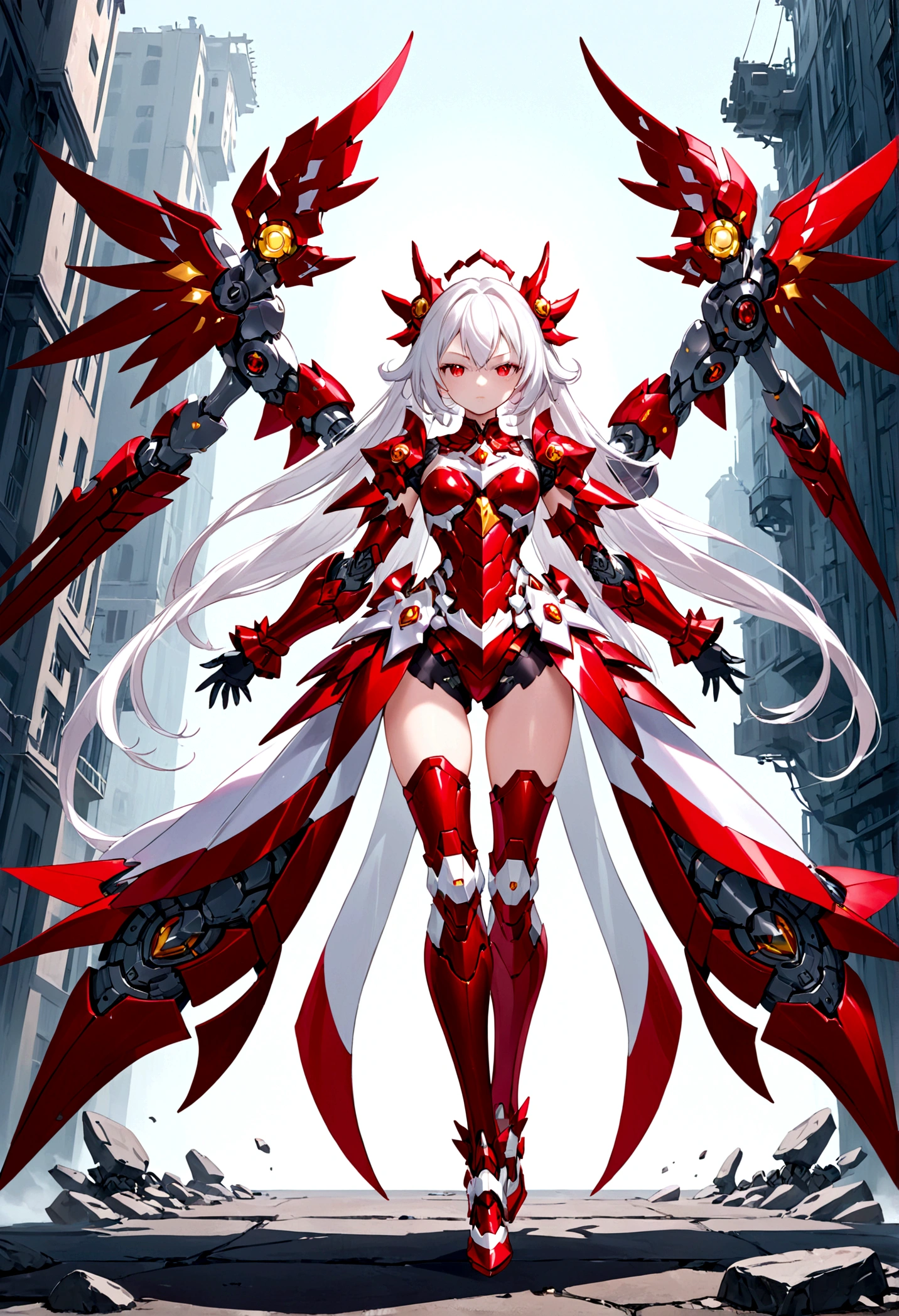 mecha style magical girl, White hair, red eyes, wearing a crimson coloured Magical girl style mecha armor, full body in picture turned towards viewer
