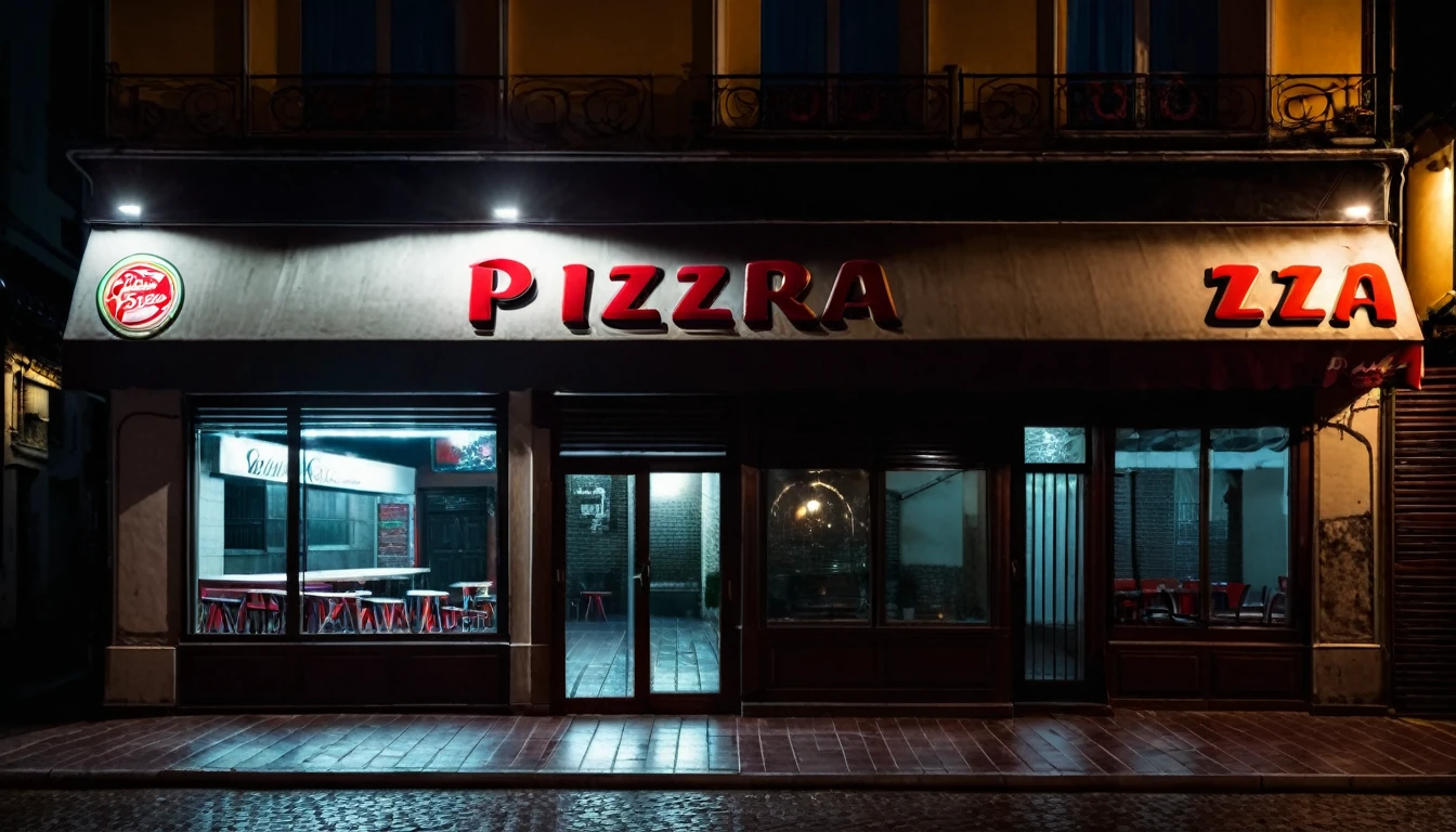 front facade of a pizzeria, dark, ominous night, no people in the place