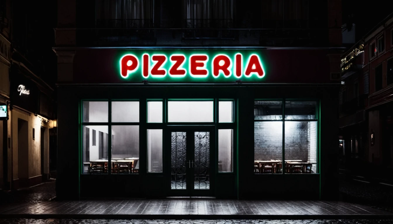 front facade of a pizzeria, dark, ominous night, no people in the place