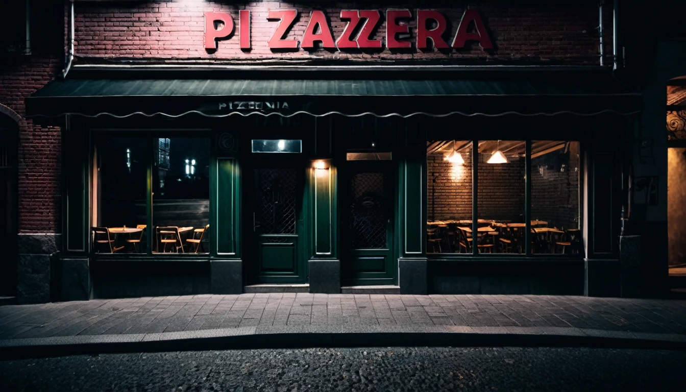 front facade of a pizzeria, dark, ominous night, no people in the place