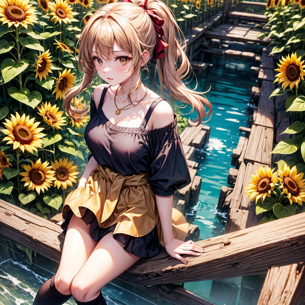 Red, brown, gold, gold hair、Golden Eyes、Hair tied up、One good looking girl、solo、anime、Checkered mini skirt、Ruffles on the skirt、camisole、camisole、Lightweight cardigan、Black knee-high socks、Wearing a baseball cap、Ribbon、Ribbon on waist、Teeth are visible、Sunset sky、Cumulonimbus、Silver coin necklace、shine、From above、Sparks are flying、tunnel、Cobblestones、Hands in pockets、waterfall、Clear Stream、Sunflower field、Have sunflowers