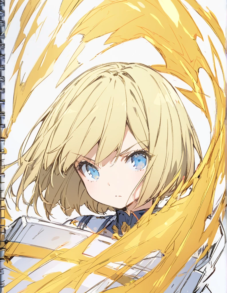 A girl fighting with golden flames(Sketches), (Open Close), (Small body), (Blonde:1.5) (Short Bob Hair:1.4), (Blue eyes)輝く